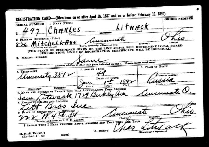Charles Litwack WWII Draft Card