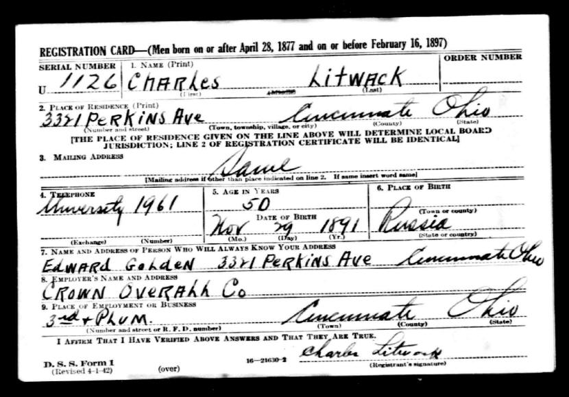 Charles [Charlie] Litwack WWII Draft Card