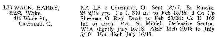Harry Litwack WWI War Record