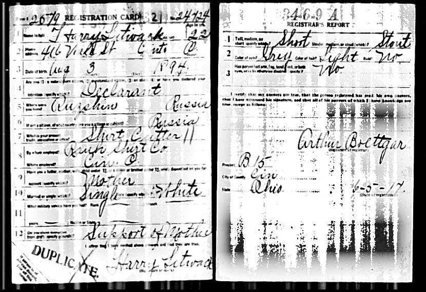 Harry Litwack WWI Draft Card